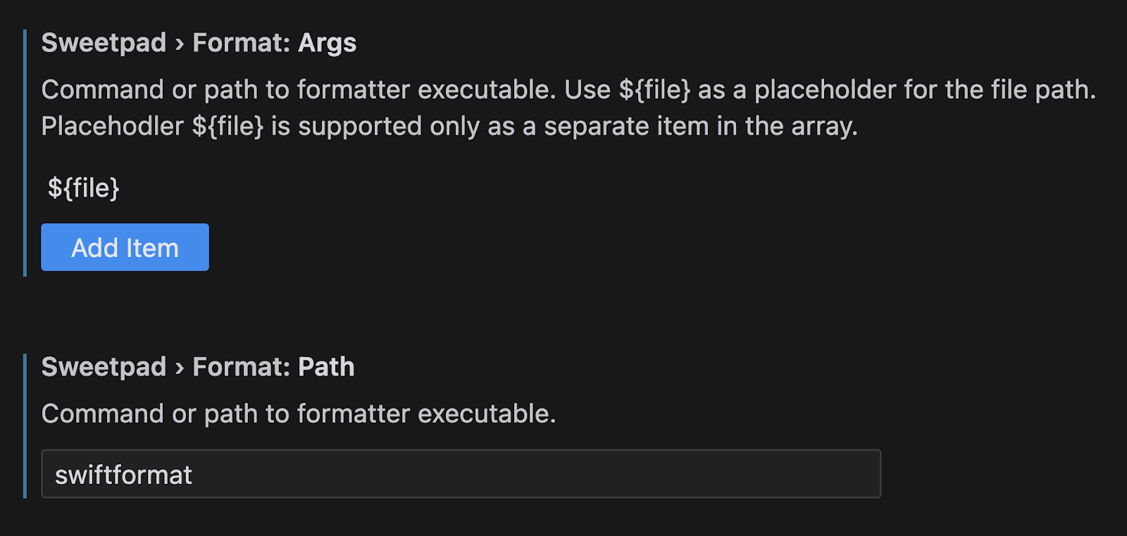 Sweetpad's formatter settings in VS Code