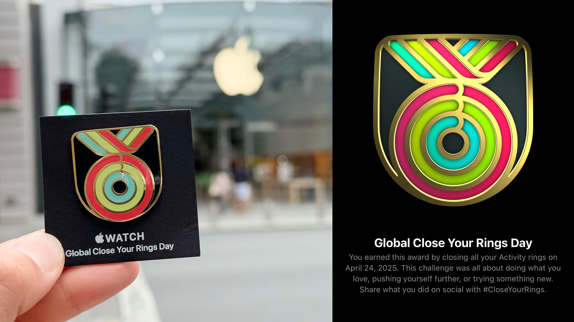 A physical and virtual Global Close Your Rings Day pin
